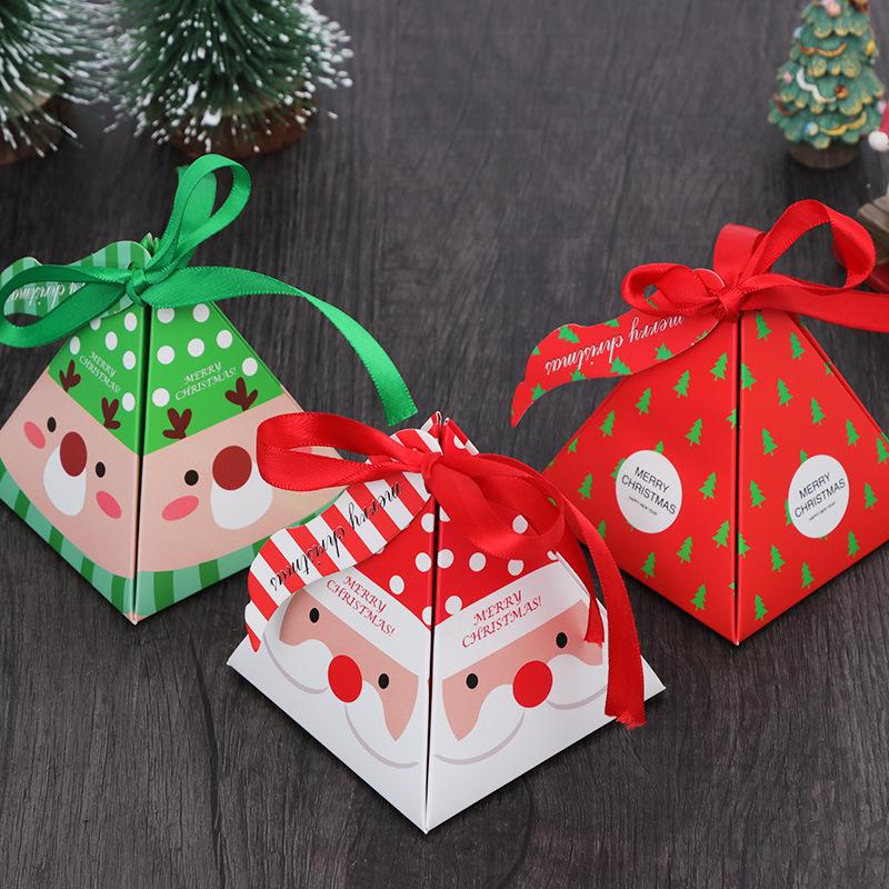 10Pcs Christmas Candy Packaging Box Santa Claus Reindeer Triangle Gift Box Merry Christmas Labeled Kraft Paper Box Party Supplie