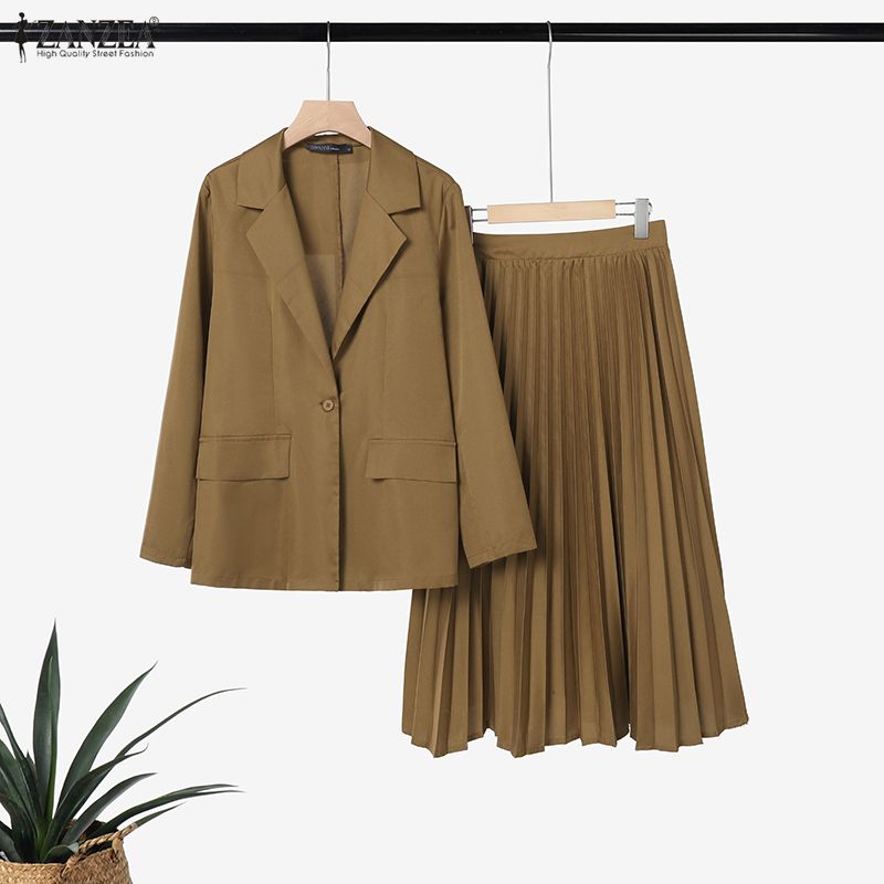 ZANZEA Womens Cardigan Blazer Blouse and Long Skirts Fashion Two Piece Suit Sets