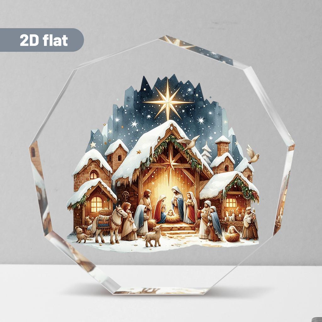 Nine-Sided Acrylic Nativity Scene Ornament - Jesus' Birth with Mary, , Jesus & Angel, Stable Manger Figurine Replica, 2D Flat Rotating-Like Effect