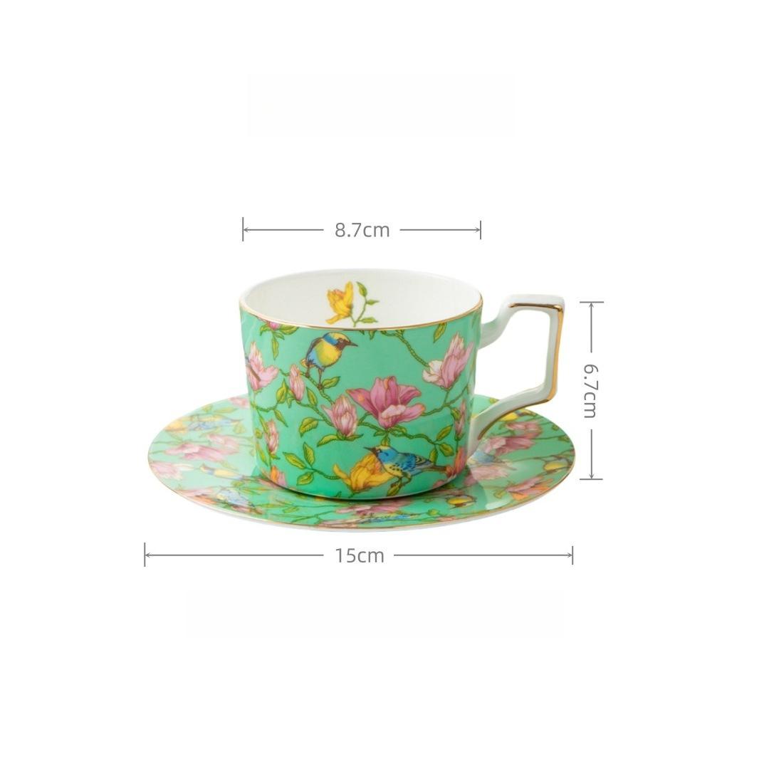 

Luxury Gold Rim Bone China Coffee Cup and Saucers 270ml, Elegant Floral Bird Porcelain Tea Cup Tableware Set, Daily Coffee Cup for Home зелений