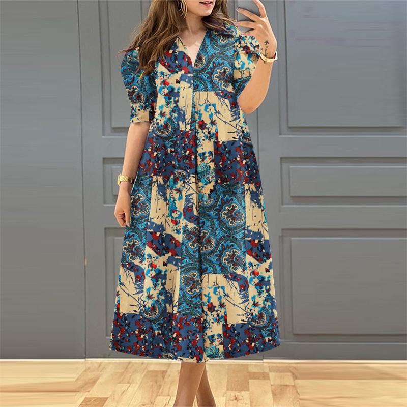 

ZANZEA Женская мода V-образный вырез буфы короткий рукав принт А-силуэт карман платья 4XL синий