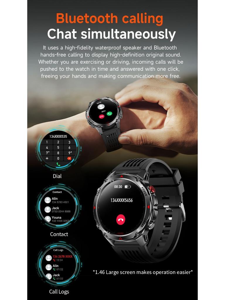 שעון חכם GPS צבאי חדש לגברים שיחת בלוטות' עמיד למים 30 מ' חיצוני פנס LED מצפן ספורט שעון חכם 2025