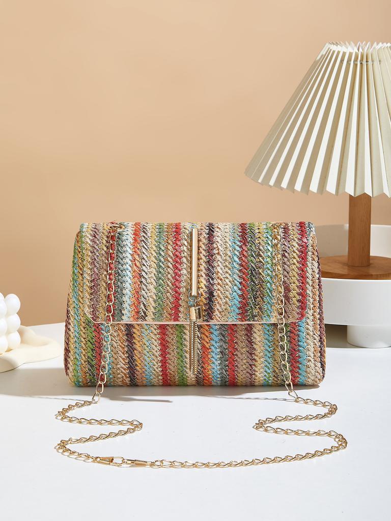 Color Striped Woven Hanging Bell Decoration Small Square Bag Women's New Chain Single Shoulder Crossbody Armpit