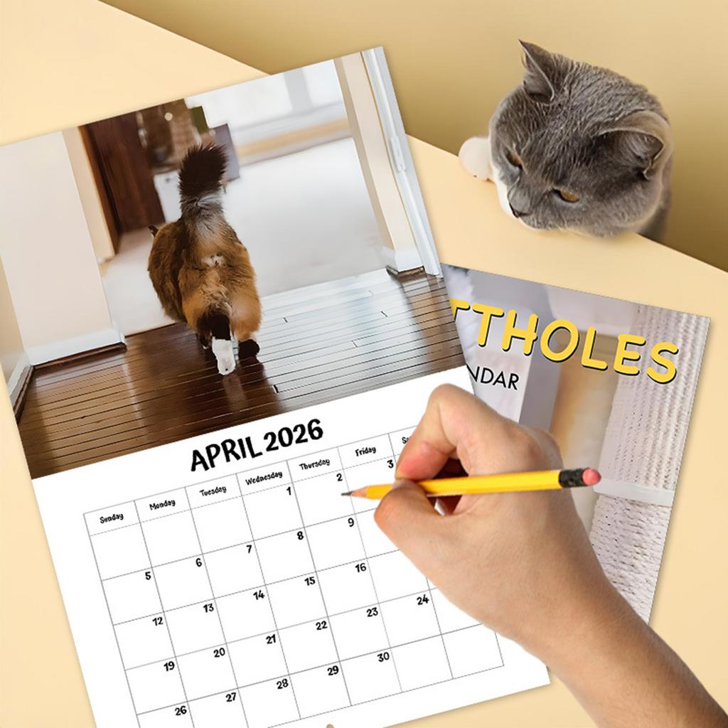 Funny Cat Butt Stapled Calendar 2026 12 Months Cat Theme Wall Decor with Writable Design for Home Office Desk Use