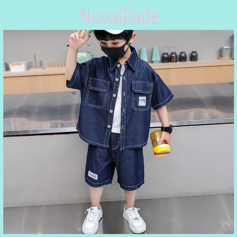 Trendy Blue Boys Denim Short Sleeve Set For Summer Stylish Casual Outfit For Kids