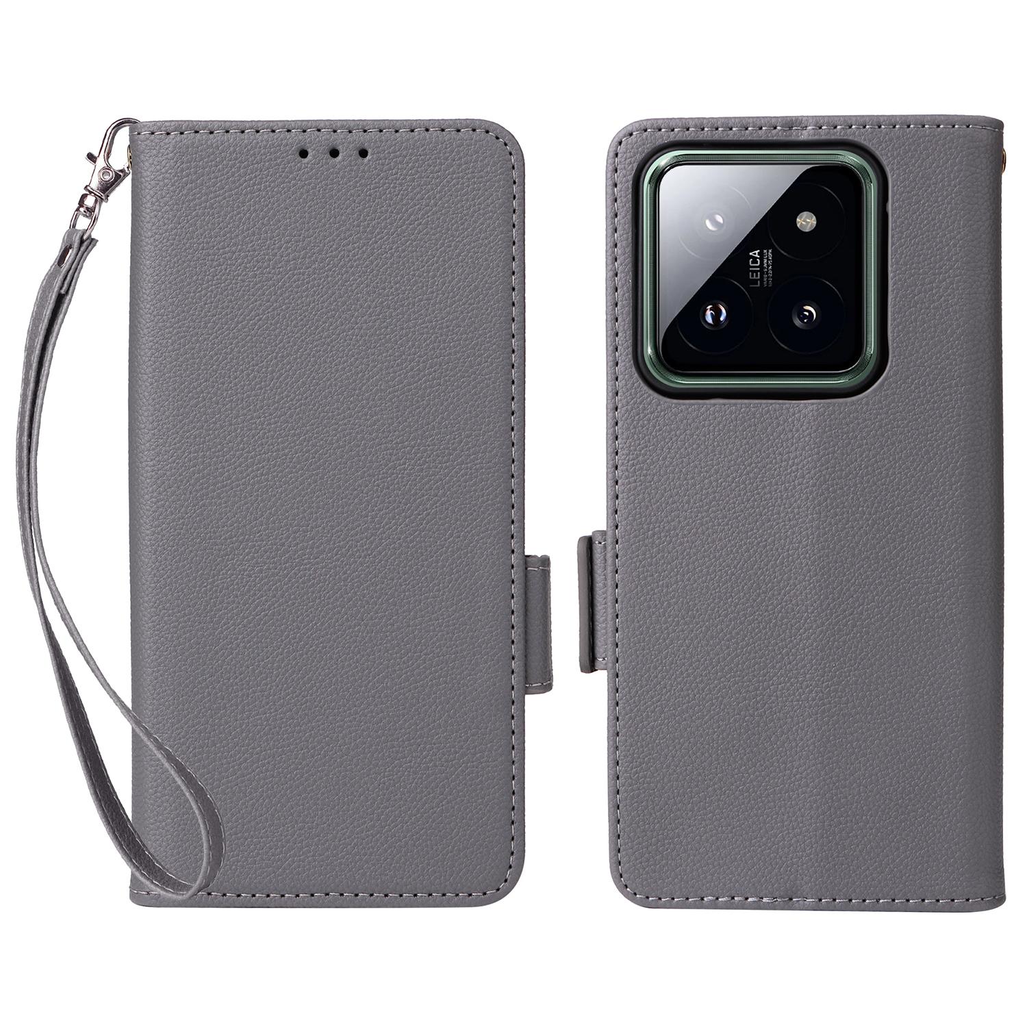 

For Xiaomi 14 Pro Wallet Phone Case Magnetic Litchi Texture PU Leather Phone Cover with Strap Grey