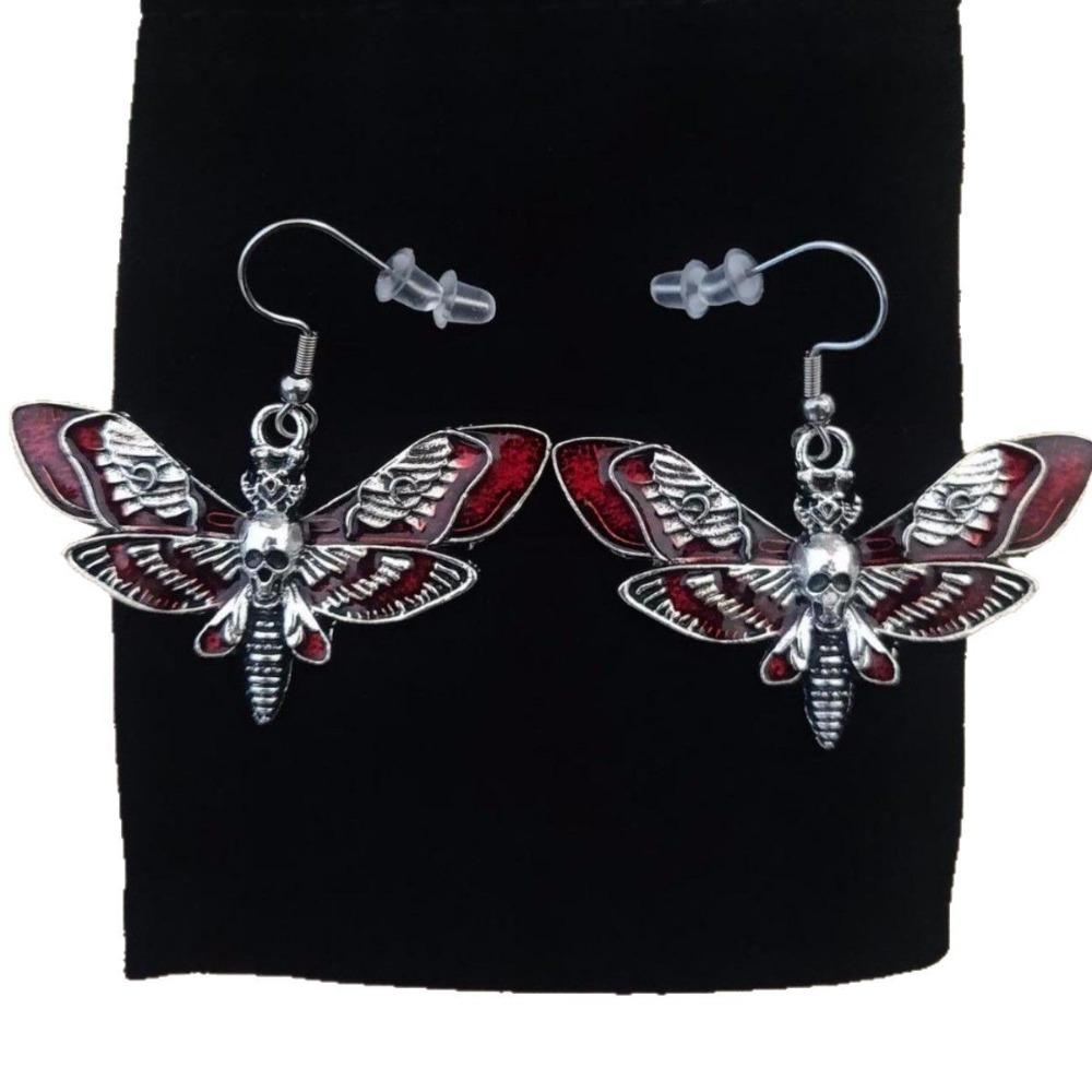 Personality Gothic Blood-red Death Moth Skull Dangle Earrings for Women Halloween Party Demon Slayer Jewelry Accessories Gifts