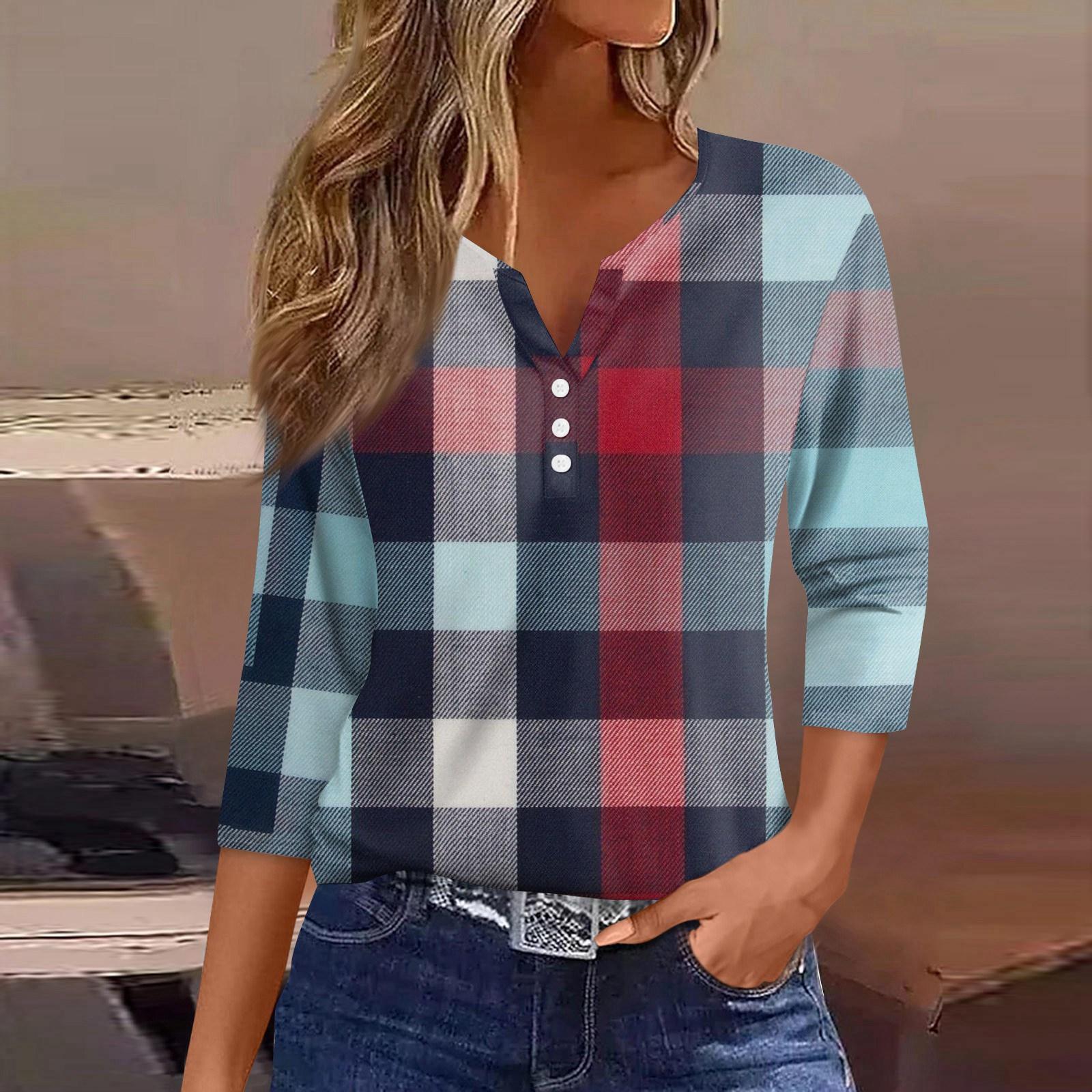 

Женская футболка, футболка, принт, пуговица, рукав 3/4, туника, повседневная, выходная мода, базовая, V-образный вырез, обычный топ M