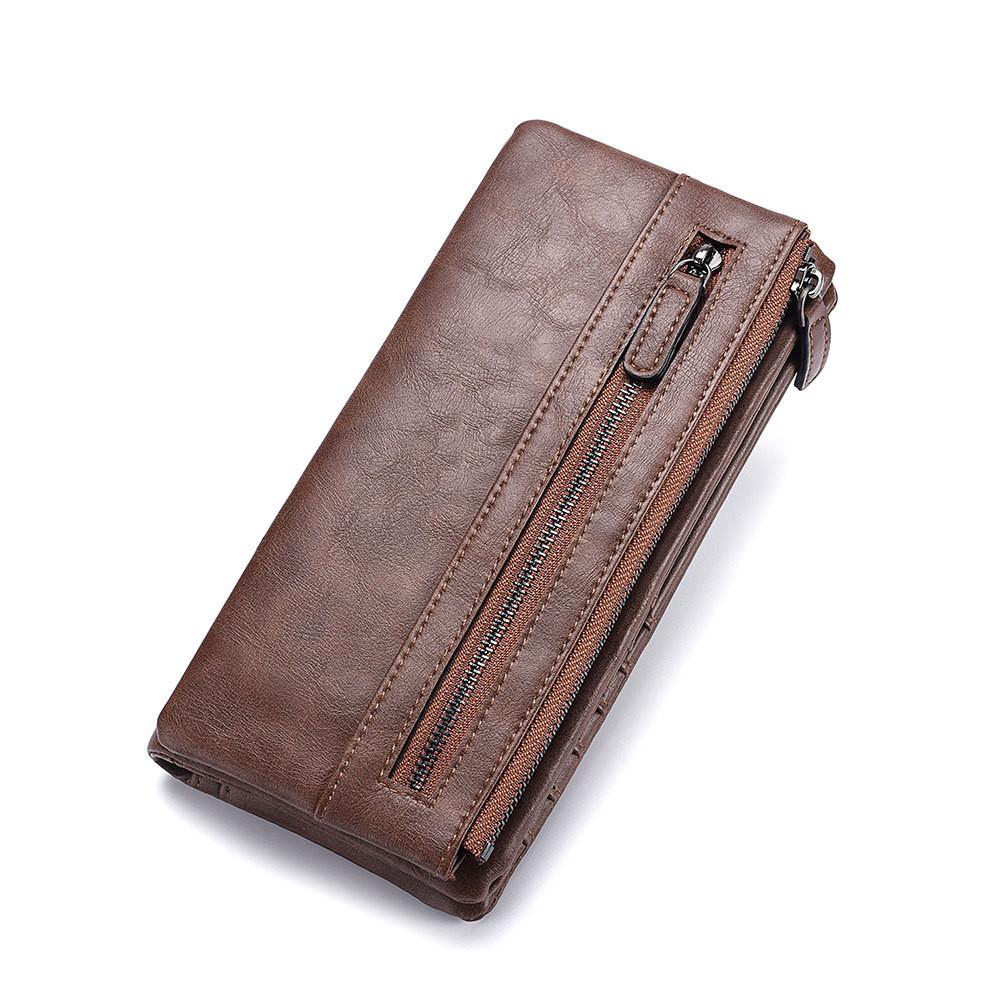 

Jc222 Men s Long Pu Leather Wallet Vintage Zipper European And American Style Handheld Bag кавовий