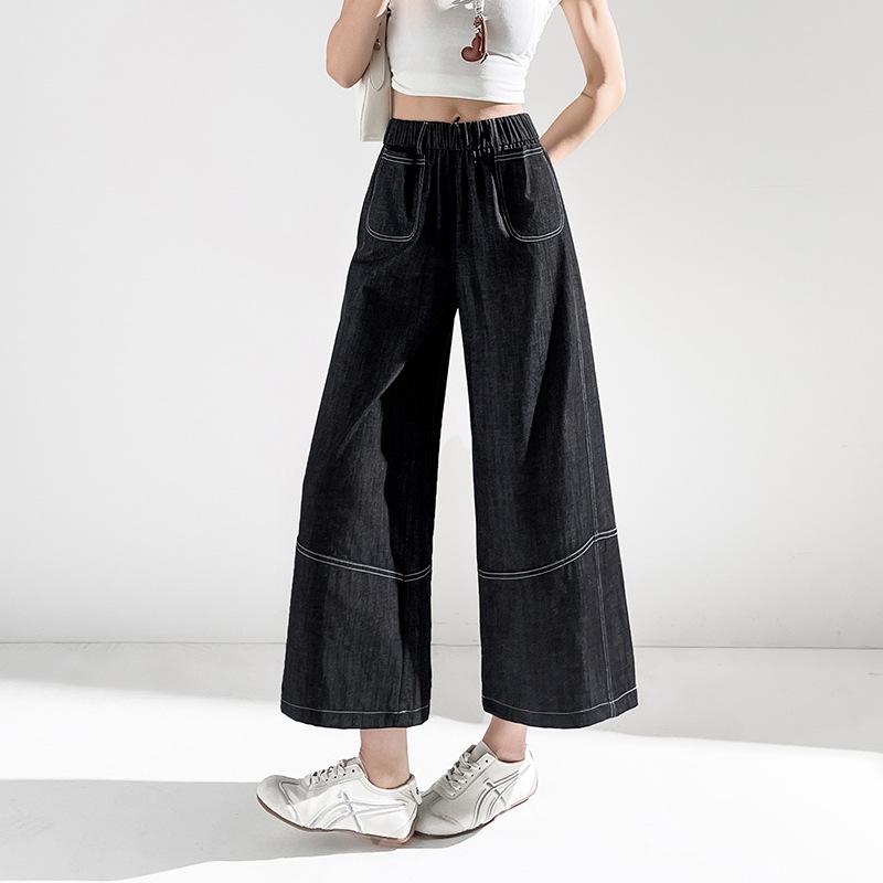 Women s Summer 2026 Wide-Leg Cropped Denim-Style Pants - Thin, Loose Fit, Elastic Waist, Contrast Stitching 2XL чёрный