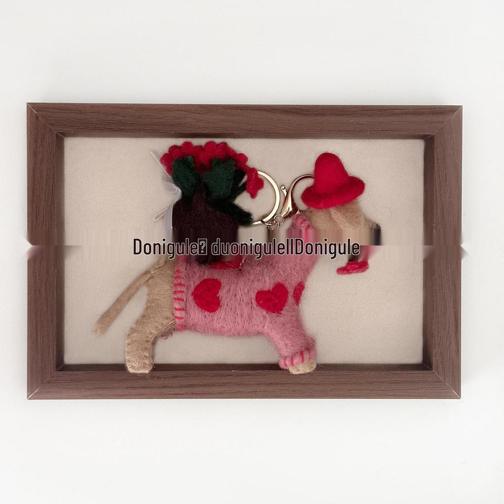 Doni Gulo Handmade Dachshund Wool Felt Pendant: Flower Basket Heart Keychain & Car Charm Gift