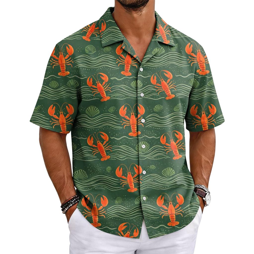Men's Summer Lobster Festival Basic Cuban Collar Shirt Short Sleeve Button Down Casual Hawaiian Shirt with Tropical Leaf and Fruit Print
