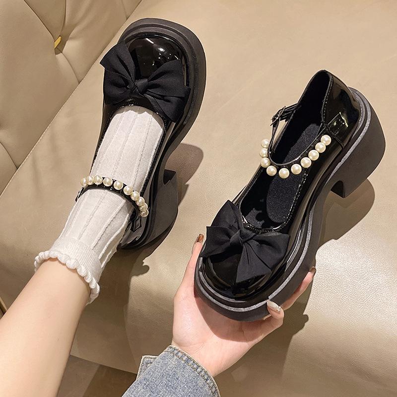 Thick heel fashion small leather shoes pearl spring platform high heel new skirt with bow Mary Jane shoes women