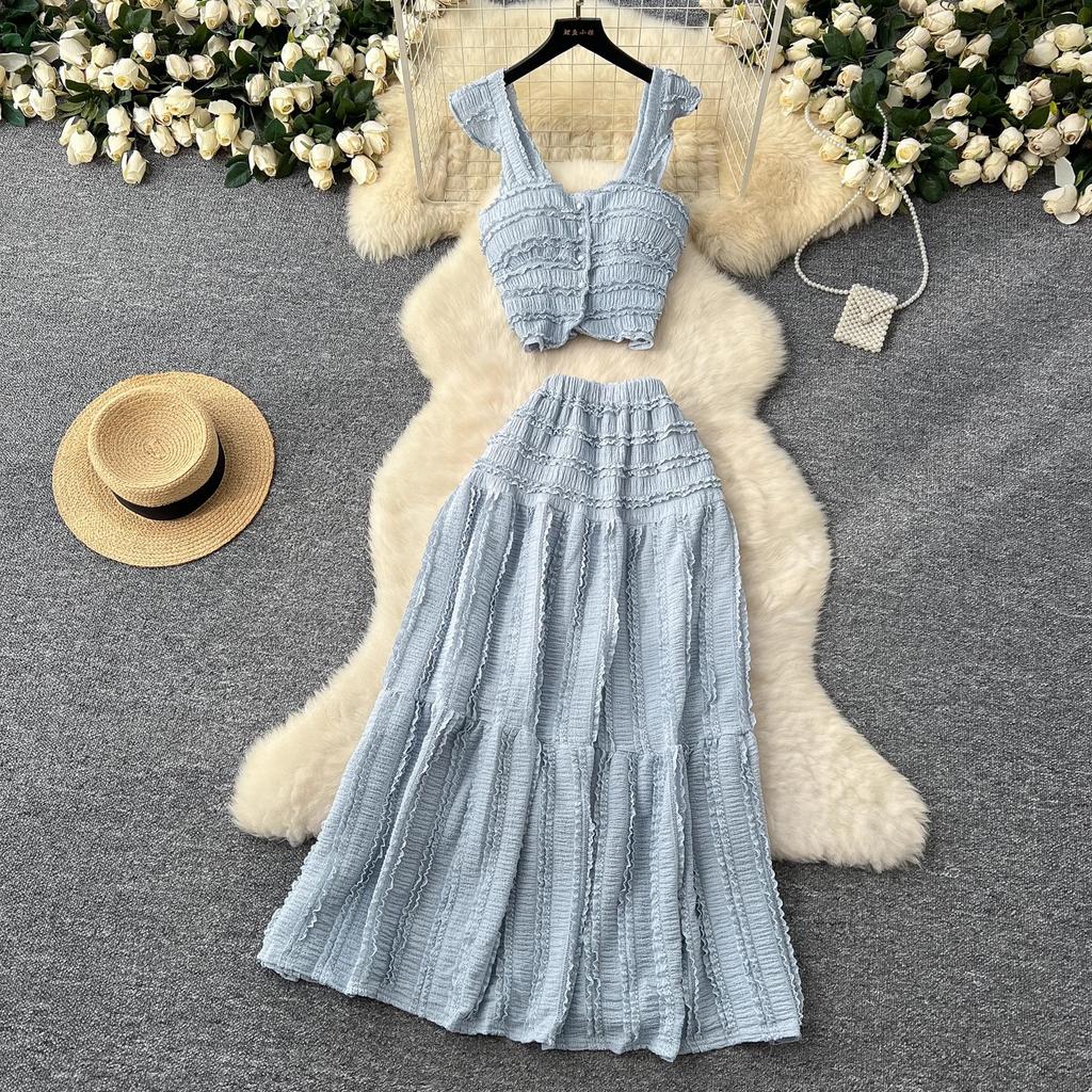 Summer Lace Patchwork Beach Two Pieces Sets Women Sexy Camisole+A Line Long Skirt Fashion Elastic Bohemian Suits