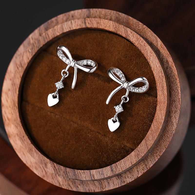ANENJERY Bowknot Heart Zircon Pendant Earrings for Women Sweet French Delicate Luxury Design Simple Jewelry Gifts Wholesale