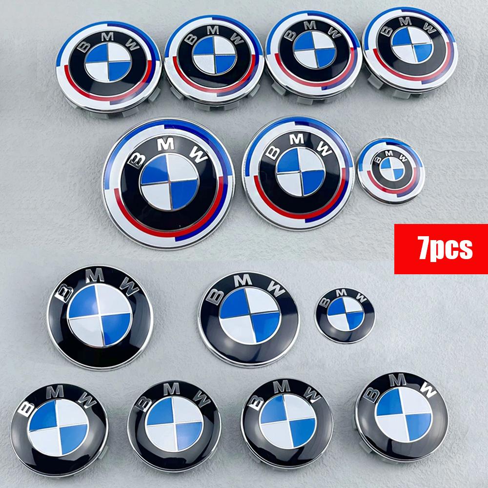 7Pcs car wheel center caps Blue-white Hood Emblem Rear Trunk logo For BMW mini E36 E46 F20 E90 E30 E91 F10 F30 X5 X3 accessories