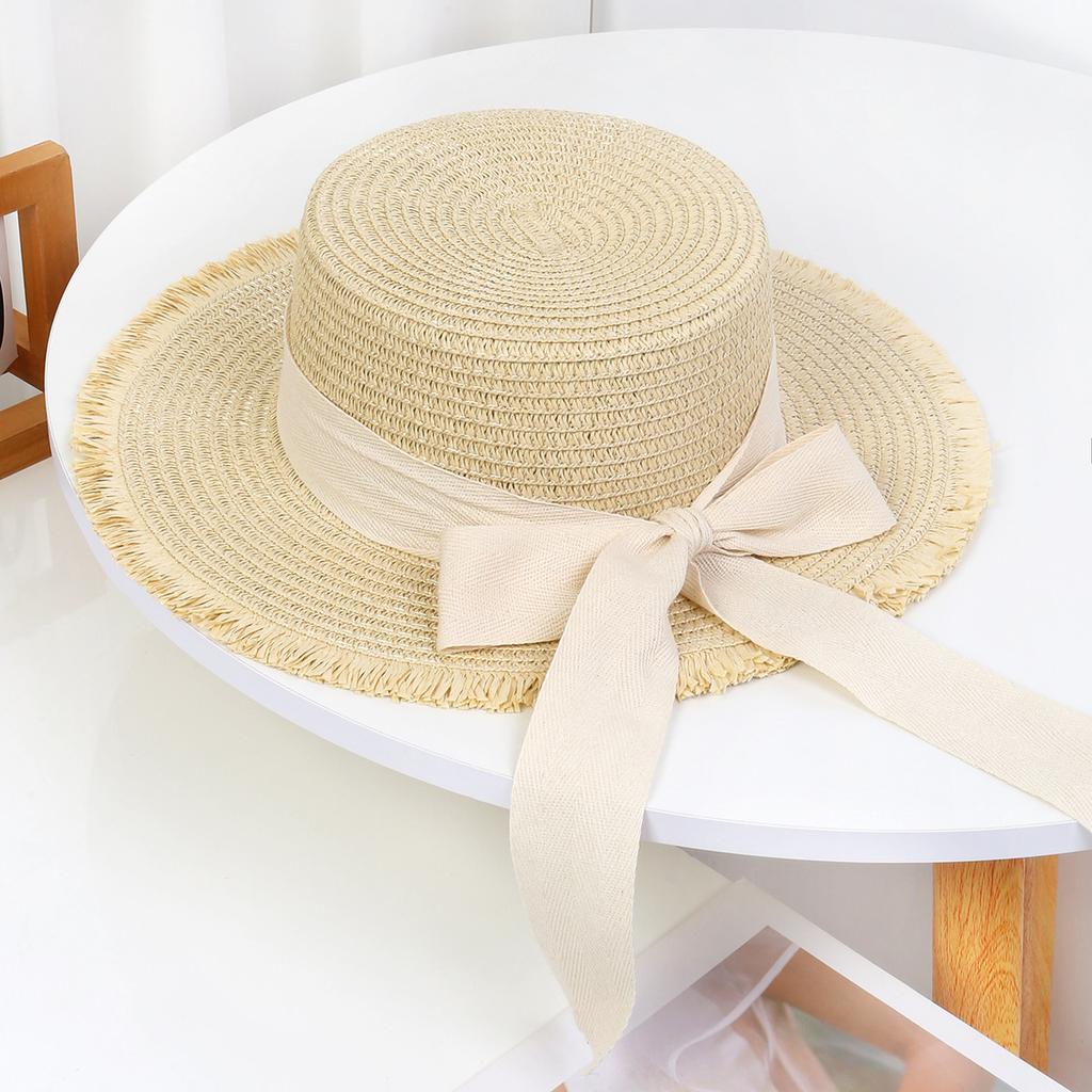 Lace Bow Straw Hat Women's Summer French Large Brim Sunscreen Hat Seaside Beach Vacation Sun Hat