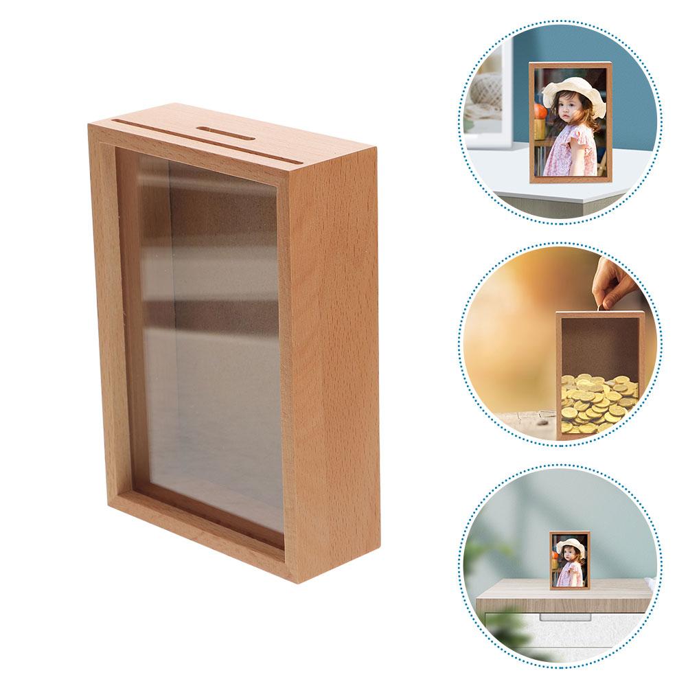 

1Pc Wooden Piggy Bank With Clear Window Money Saving Jar For Adults Wood Bank Storage Box Photo Frame Decorative Money Box