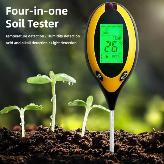 4-in-1 Soil Tester Digital Display Soil Moisture Sunlight PH Temperature Tester Long Probe Soil Tester for Garden Lawn Farm Greenhouse Plant Care