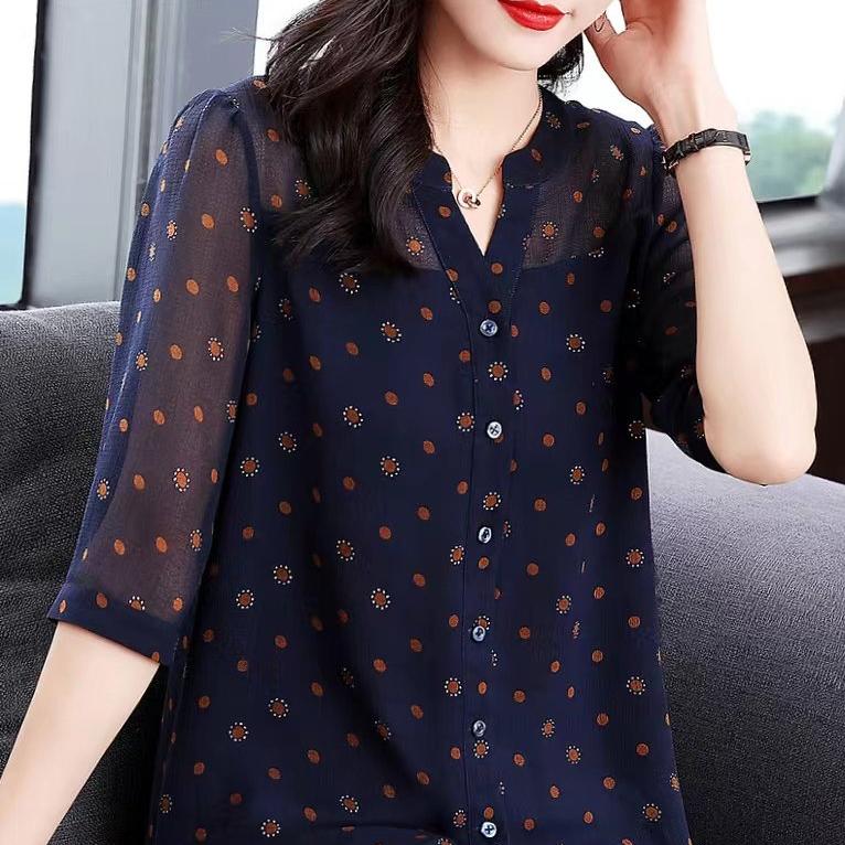 Polka Dot Chiffon Seven Quarter Sleeved Shirt for Women Summer Printed Plus Size Mid Sleeved Shirt Fashionable and Stylish Top
