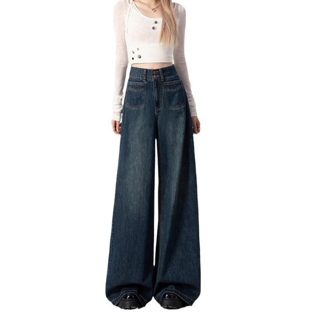 American retro wide-leg jeans spring and autumn washed high-waisted versatile small vertical straight mopping pants