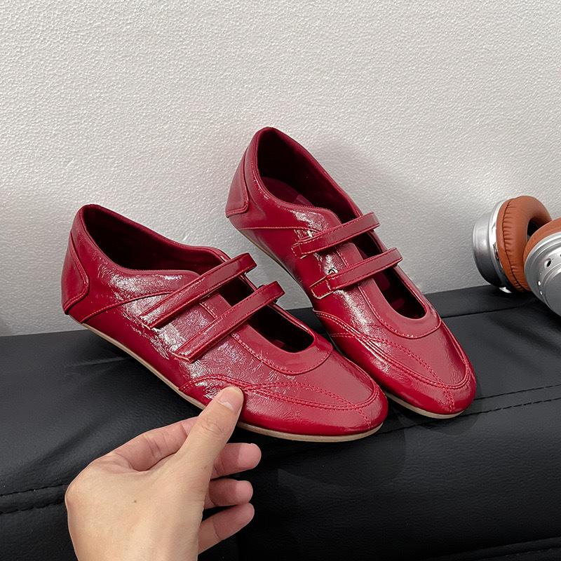 Sheepskin version~ Velcro shallow mouth sports flat ballet shoes women's fashion versatile blue leather Mary Jane single shoes