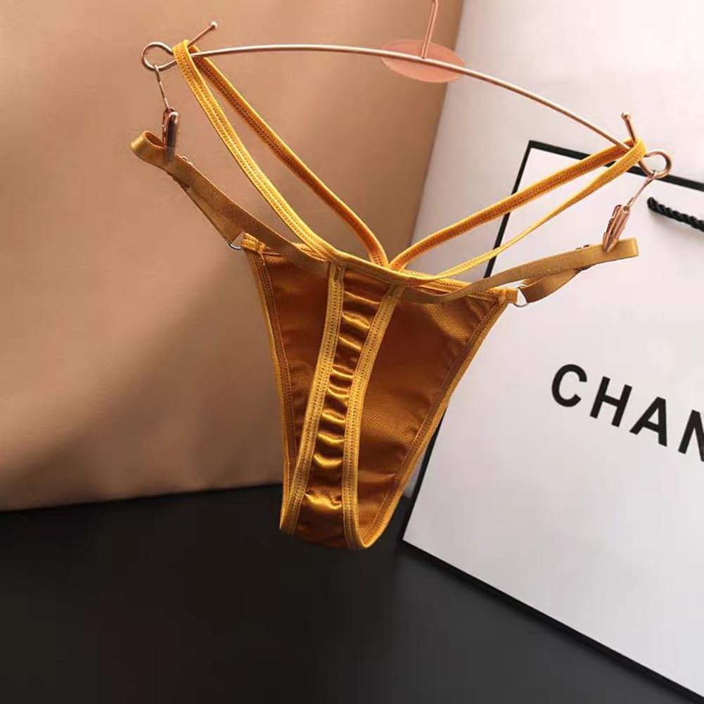 HINICE Sexy Ribbon Adjustable Lingerie Women's T-Back Panties, Satin, Smooth, Double-String, Included, Waist, Low-Rise (Black)