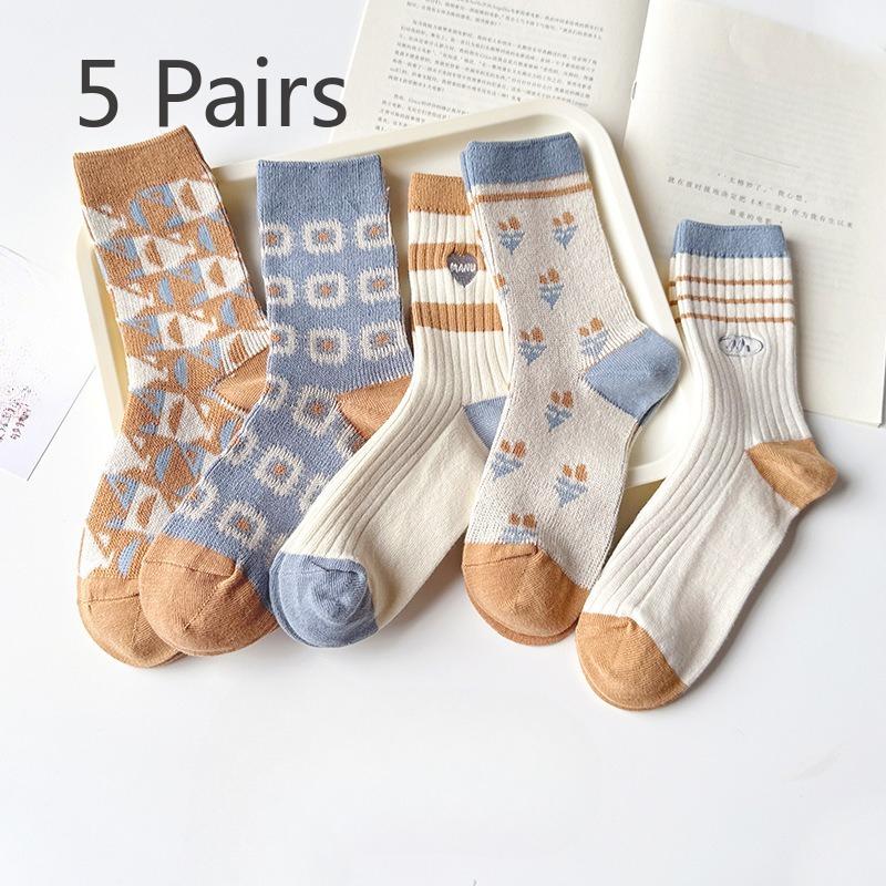 5 Pairs of Women's Autumn and Winter Warm Trend Embroidery Cylinder Stack Socks