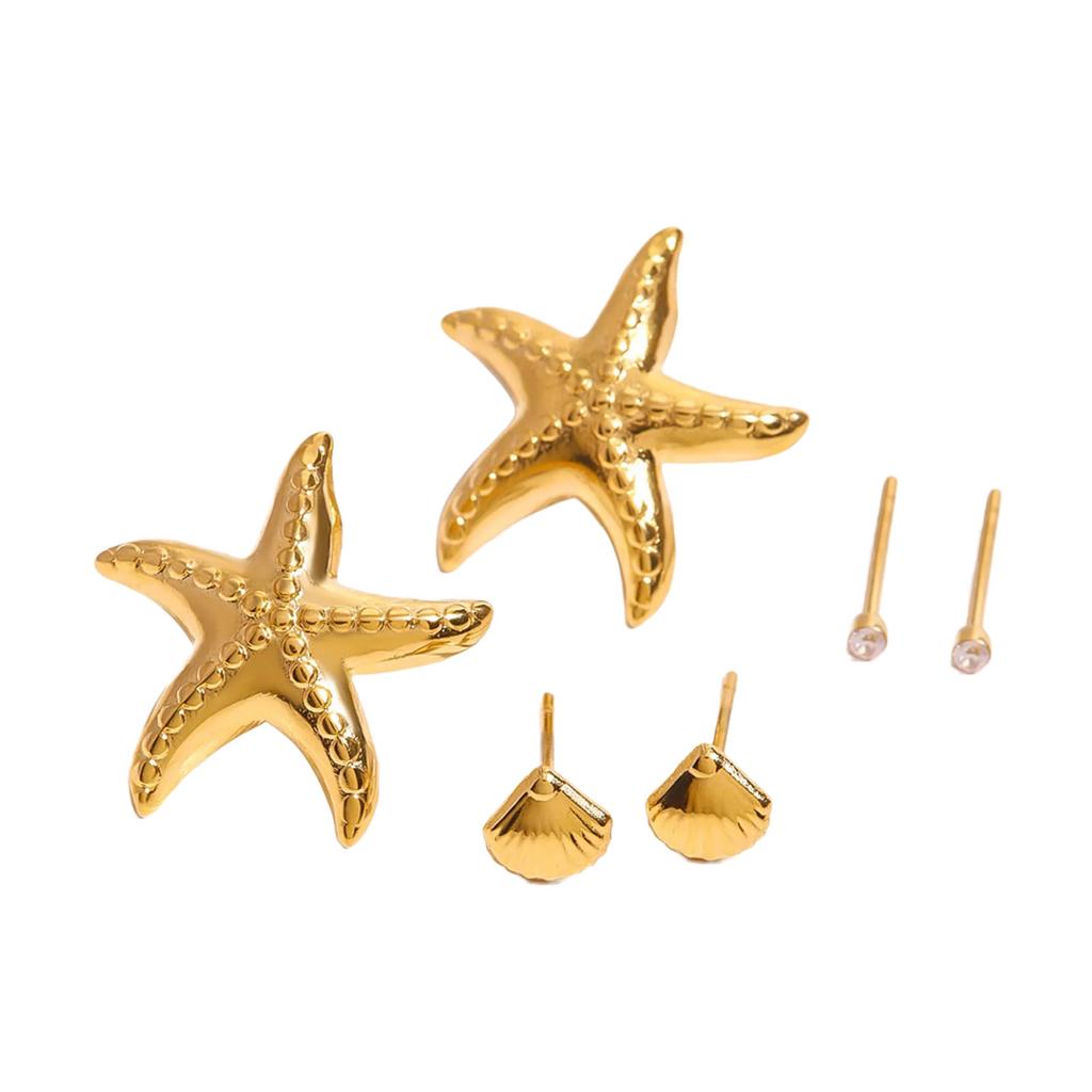 3 Pair Starfish Shell Earrings Set Fashionable Stackable Ear Studs Ocean Inspired Jewelry Accessories for Women
