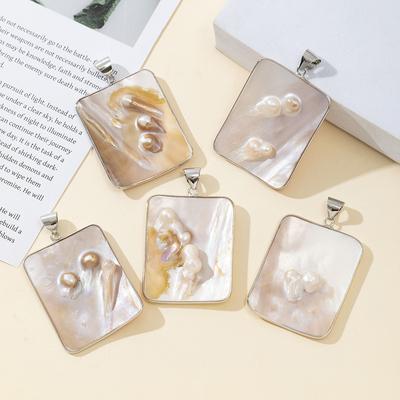 1Pc, Elegant Rectangular Natural Shell Zinc Alloy Pendant, Handmade Beach Jewelry for Women, Birthday Party Bulk Gifts, DIY Wedding Crafts 46×36mm