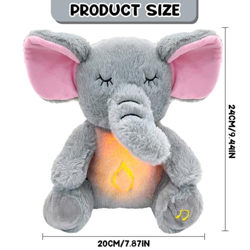 Baby Sleep Aid Soother with Heartbeat Sound, White Noise Music & Soft Light, Newborn Calming Toy, Plush Elephant Stuffed Animal for 0-1 Month+