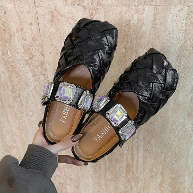 Fashion Spring New Baotou Slippers Square Head Shallow Mouth Braided with Glitter Soft Sole Anti-slip Wear-resistant Flat Shoes