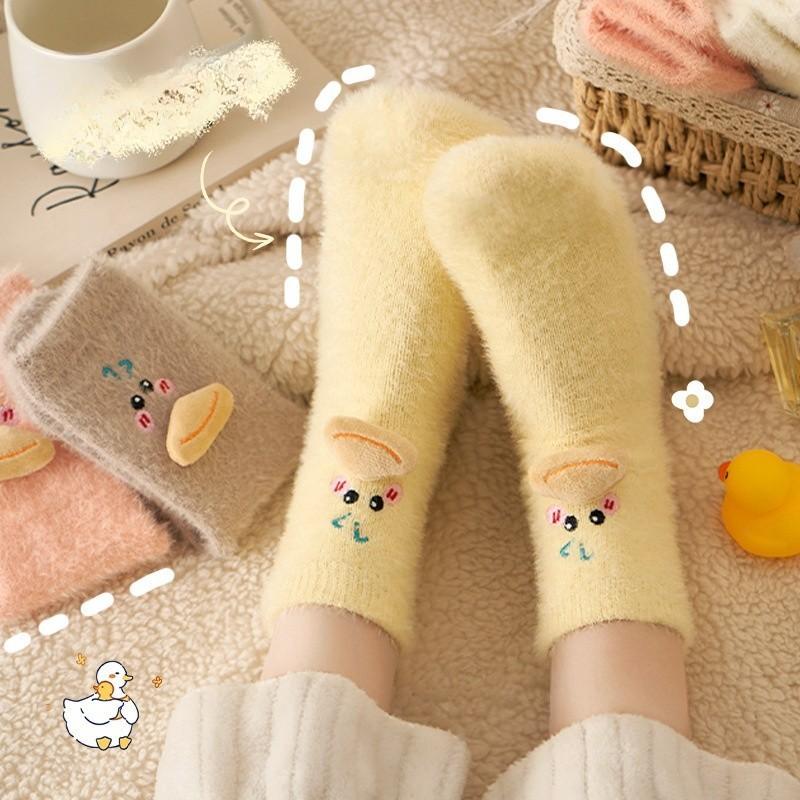 Cartoon Cute Japanese Thick Faux Mink Fur Women's Socks with Mid Length Socks Autumn and Winter Warm Floor Socks