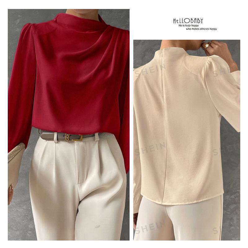 Solid Color Ruched Satin Pullover: Women's European and American Style Long-Sleeved Shirt