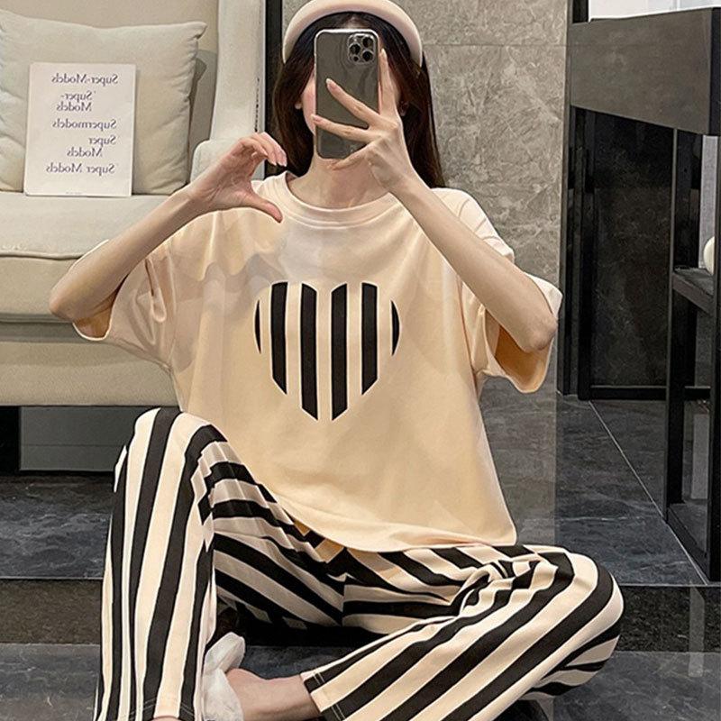 Short-sleeved long pants pajamas women's summer cartoon cute can be worn outside plaid loungewear imitation cotton suit summer thin