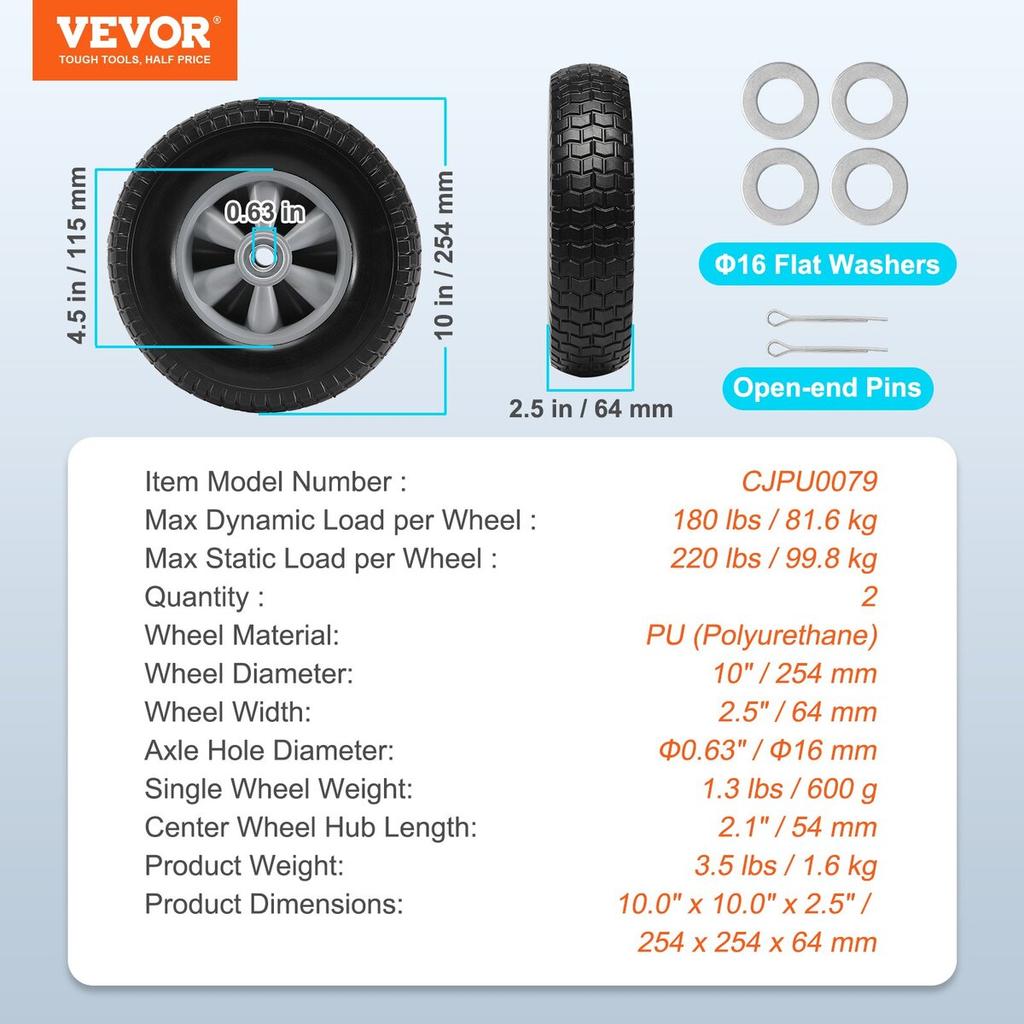 Solid PU Run-Flat Tire Wheel, 10", 2-Pack, 180 lbs Dynamic Load, 220 lbs Static Load, Flat Free Tubeless Tires and Wheels for Hand Truck, Utility