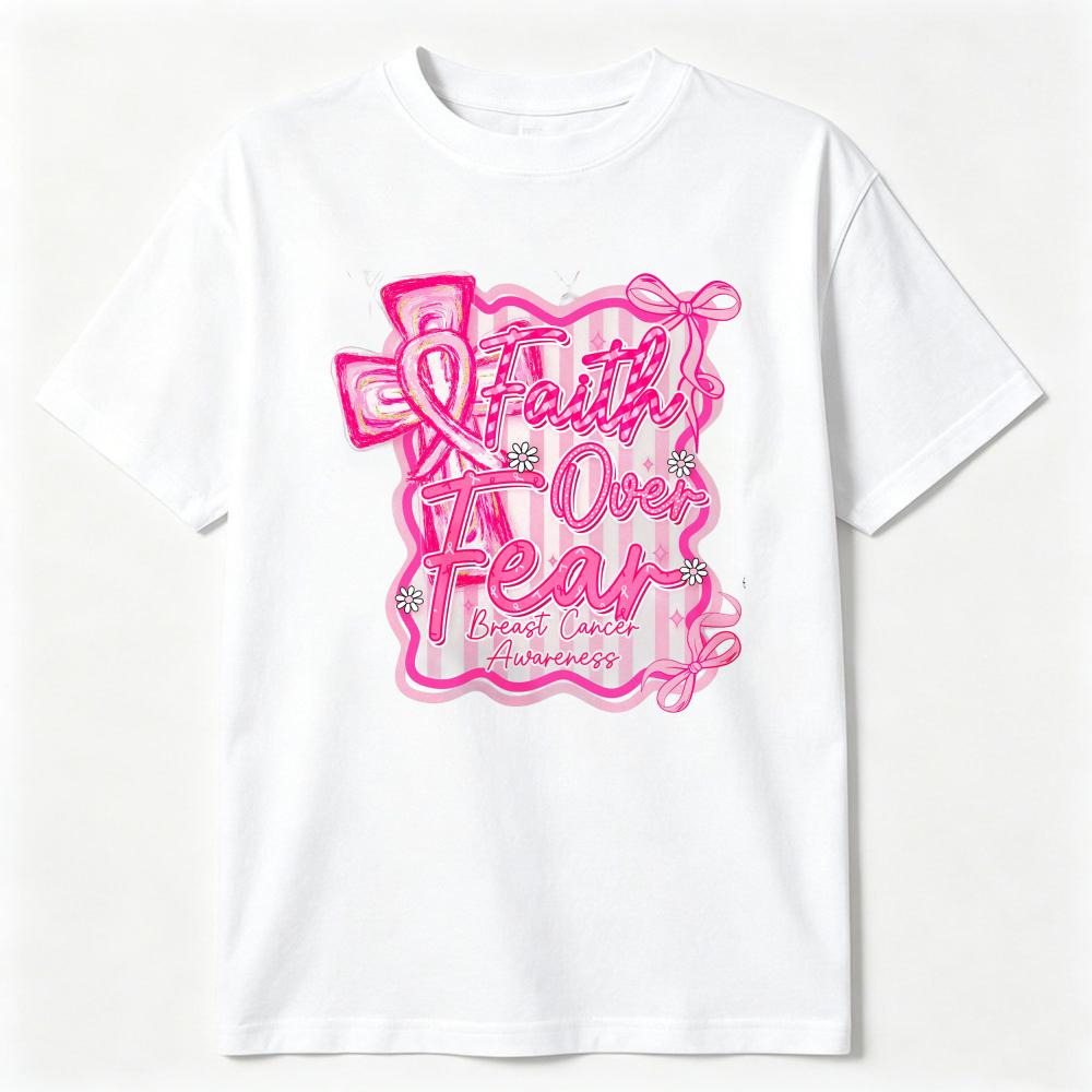 Preppy Breast Cancer Faith Over Fear Coquette Tshirt Breast Cancer Awareness Shirt Breast Cancer Cotton Tee Pink Ribbon Clothing
