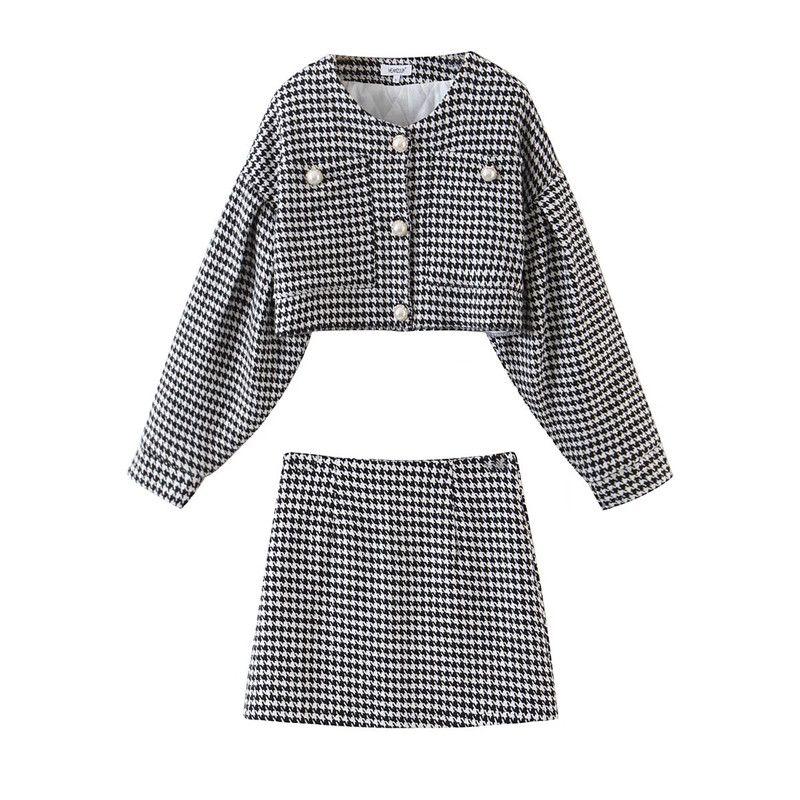 

Sweet and Spicy Wear Retro Debutante Style Fall and Winter Pearl Buckle Quilted Houndstooth Puff Sleeves Jacket with Skirt Fashionable Suit Black and White Houndstooth Suit(High quality) M