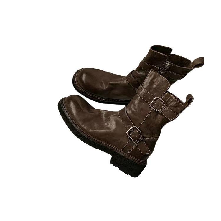 Grape Mom's annual combat boots of the same style~ Washed shrinkage horse leather buckle belt thick heel Martin skirt short boots women's locomotive