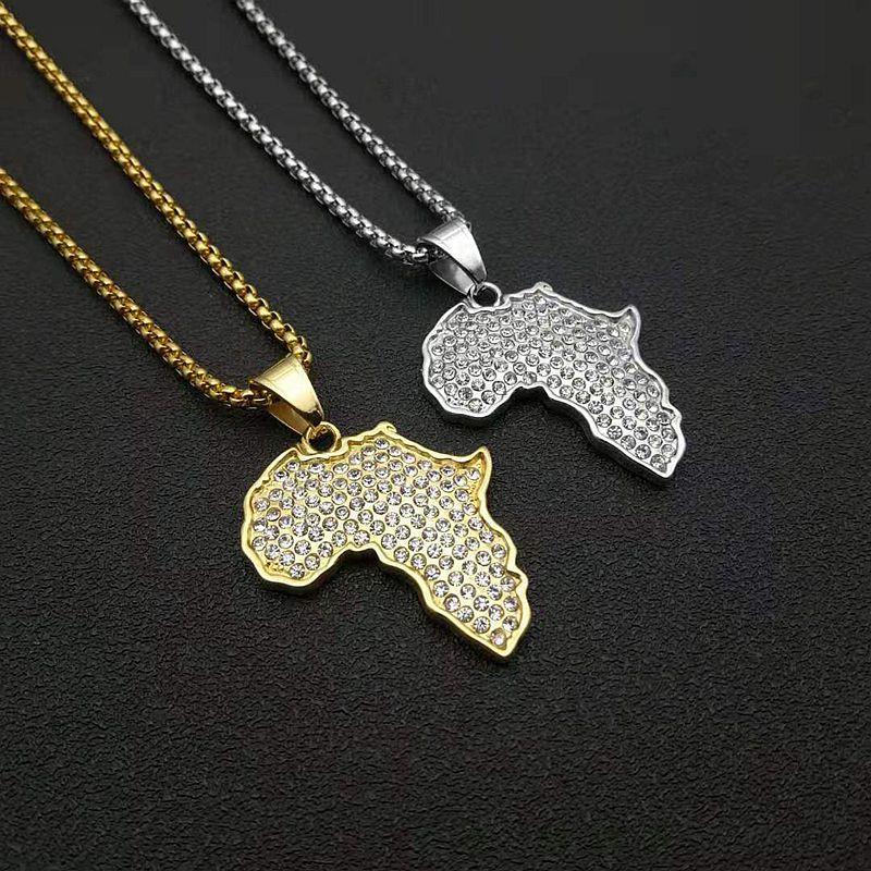 Africa Map Iced Out Chain Rhinestone Crystal Map Necklace Stainless Steel Africa Map Pendant Necklace for Unisex