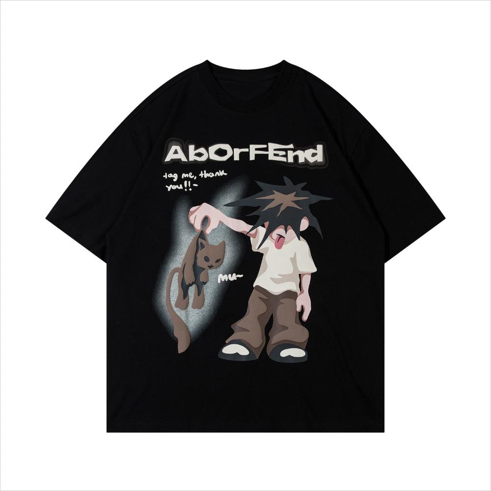 Summer Men's and Women's Cat Letter Print Cotton High Quality Street Fashion Brand Fun Short Sleeve T-shirt