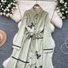 Elegant Butterfly Embroidered Polo-neck Vintage Long Sleeves Single Breasted Slim A-line Long Dress French High Street Clothing