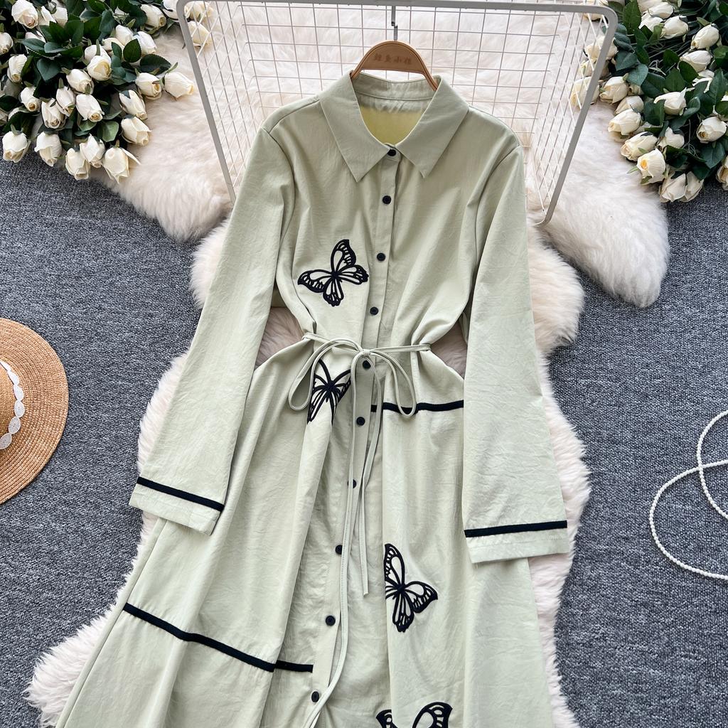 Elegant Butterfly Embroidered Polo-neck Vintage Long Sleeves Single Breasted Slim A-line Long Dress French High Street Clothing