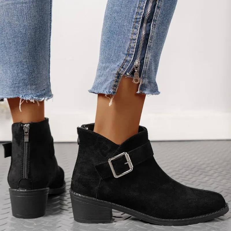Women's Shoes Belt Buckle Women's Boots Fashionable Back Zipper Modern Boots Women's Sexy Pointed Toe Square Heel Ankle Boots