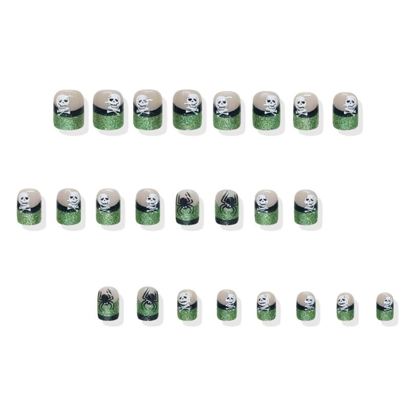 Halloween Black Green Scintillate French Square Short Persist Hoofs With White Skull Plan For Party Costume