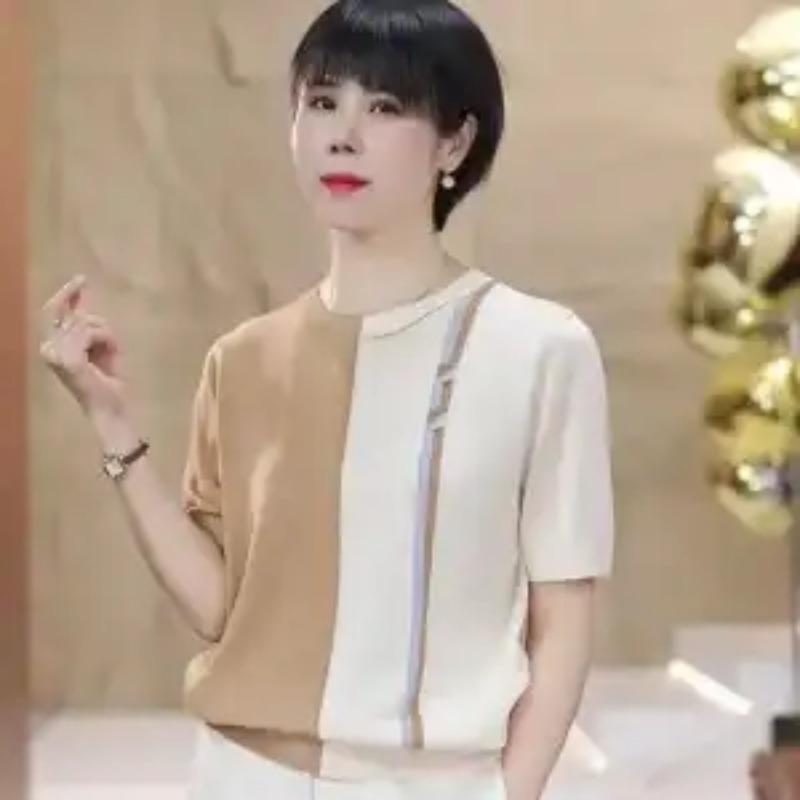 Womens Color Block Crew Neck Short Sleeve Knit T Shirt L шампанского