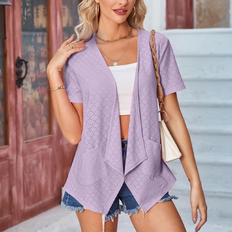 Dámské topy jednobarevné dutý krátký rukáv volný ležérní bunda kapsa cardigan