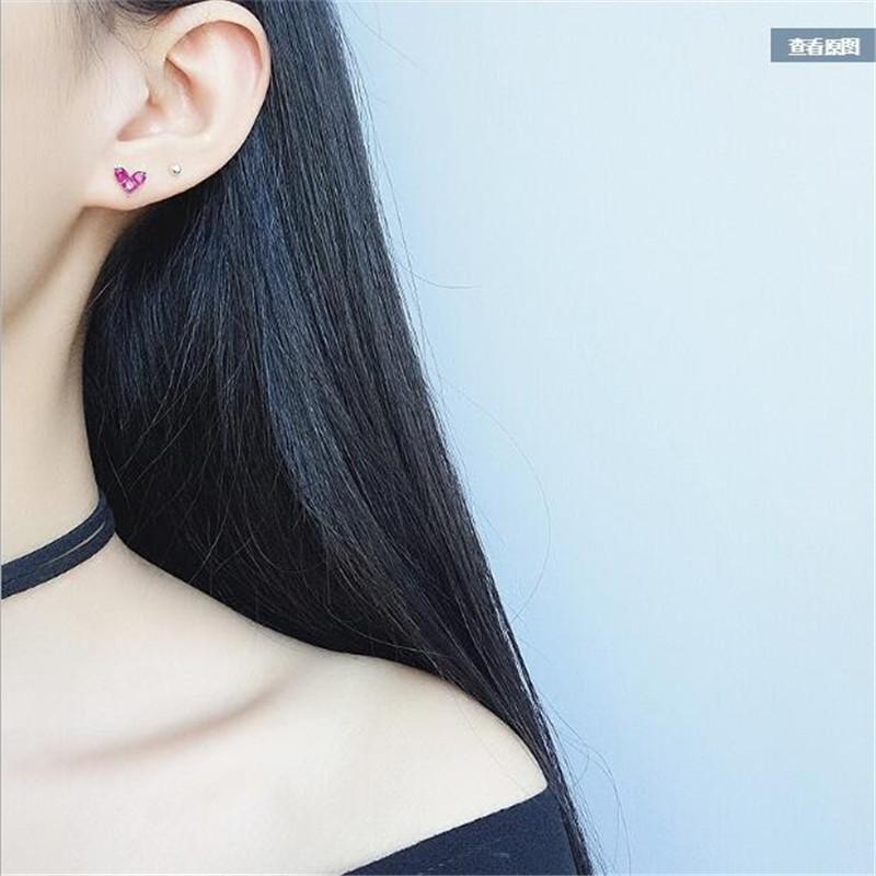 New Fashion Jewelry Temperament Compact Mini 925 Sterling Silver Red Heart Shape Love Crystal Women Stud Earrings E092