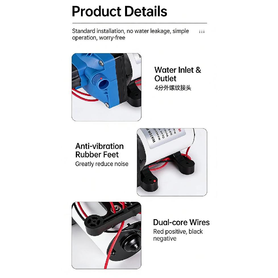 RV Water Pump - 12V/24V Self-priming Booster Pump - Horizontal Marine DC Miniature Electric High-pressure Diaphragm Pump