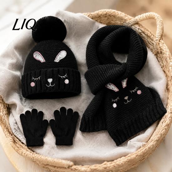 Thermal Winter Accessories for Boys Girls Hat Gloves Scarf Set Kids, Warm Knitted Pompom Hat, Cute Outings Bunny Embroidery, Cozy Ages 2 to 6 Gift